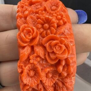 Vintage Celluloid Bangle Bracelet Molded Flower Red 8.5"